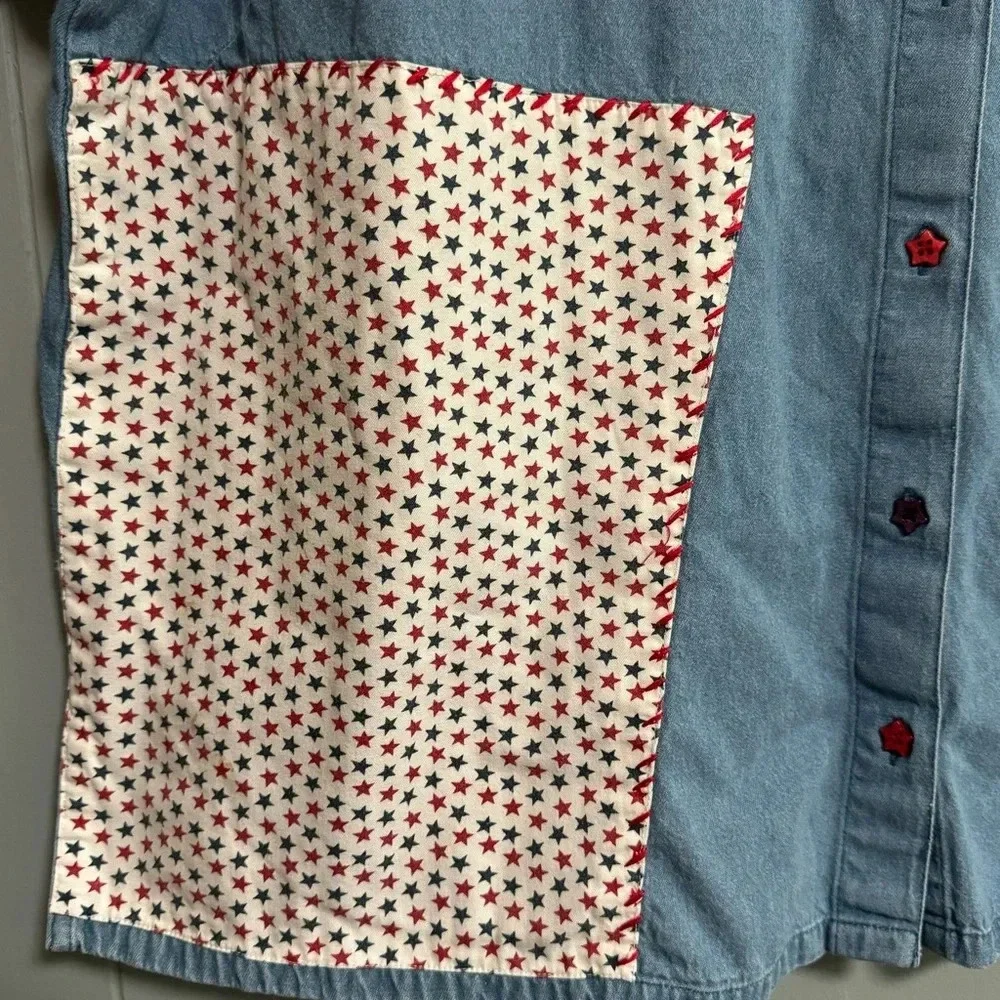 Patriotic USA Patches Embroidered Embellished Red White Blue Denim Shirt Size 3X - Picture 10 of 10